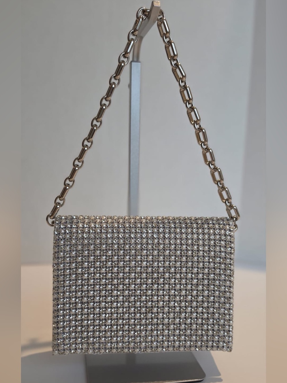 INC Silver Crystal Mesh Evening Clutch with Chain Strap